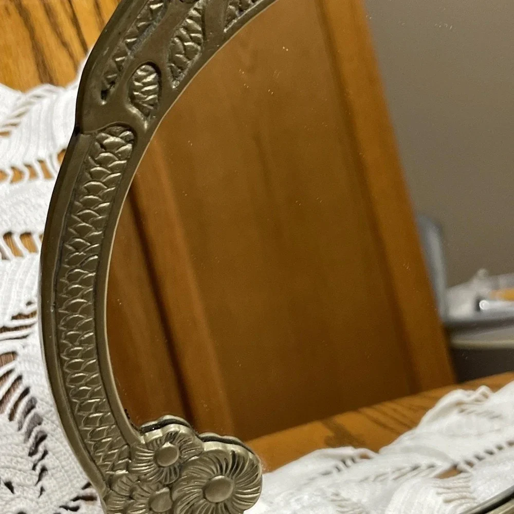 Vintage Art Nouveau Brass Mirror Lady of Lake Flower Vanity Frame